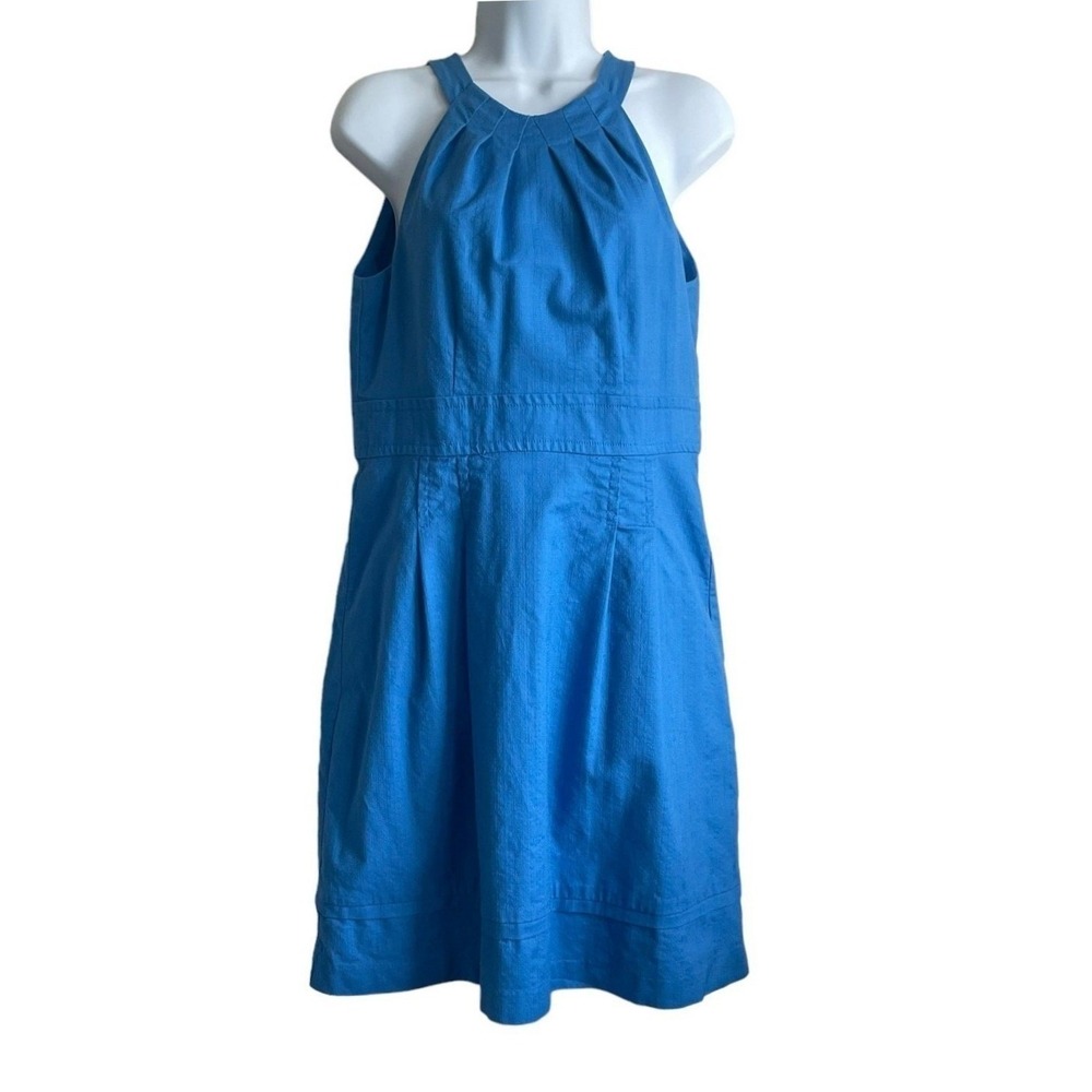 LOFT Womens Dress 8P Blue Linen Blend Halter Fit Flare Coastal Summer Resort